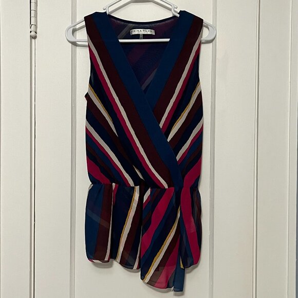 Trina Turk faux wrap rainbow stripe blouse asymmetric hem size XS multicolor - Picture 1 of 6